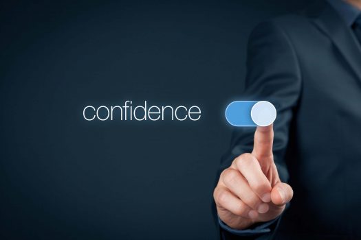 Confidence improvement concept. Coach or mentor help to increase self-confidence. Businessman switch over confidence.